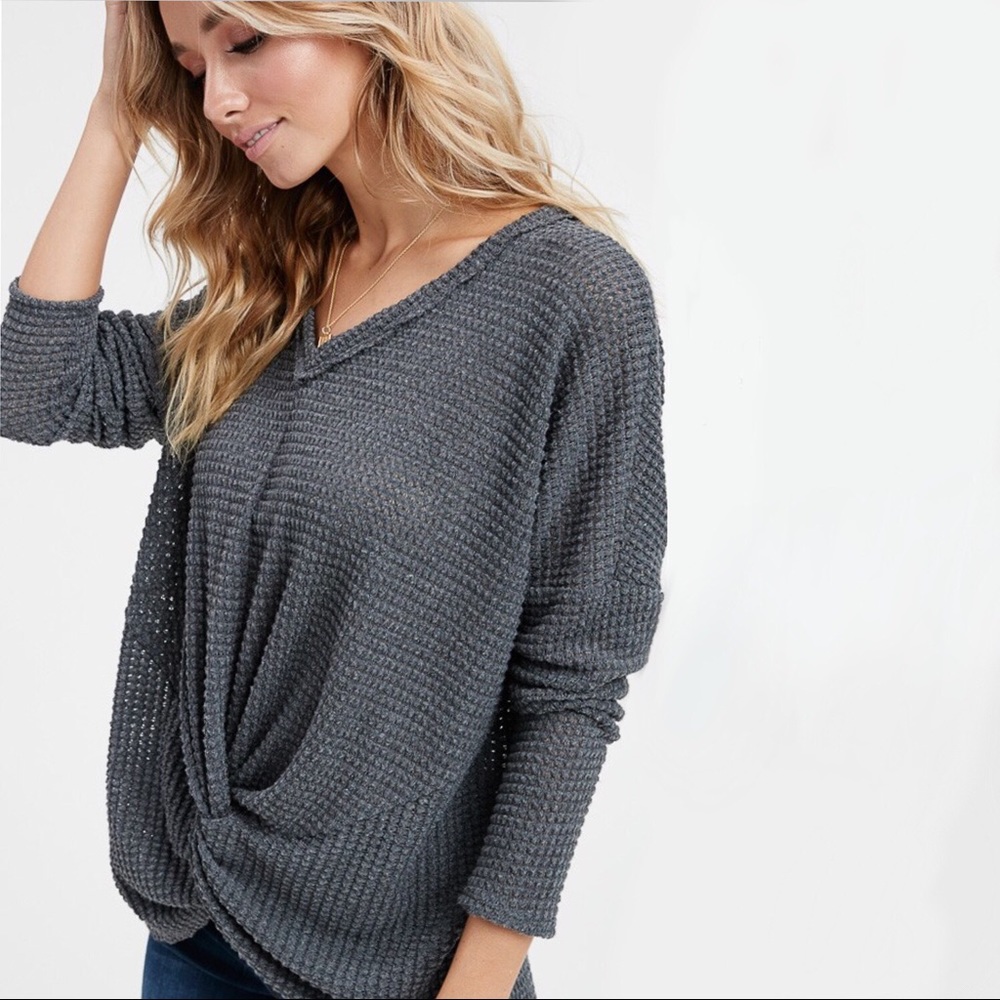 Charcoal Twist Tie Front Top Waffle Knit - Picture 8 of 9